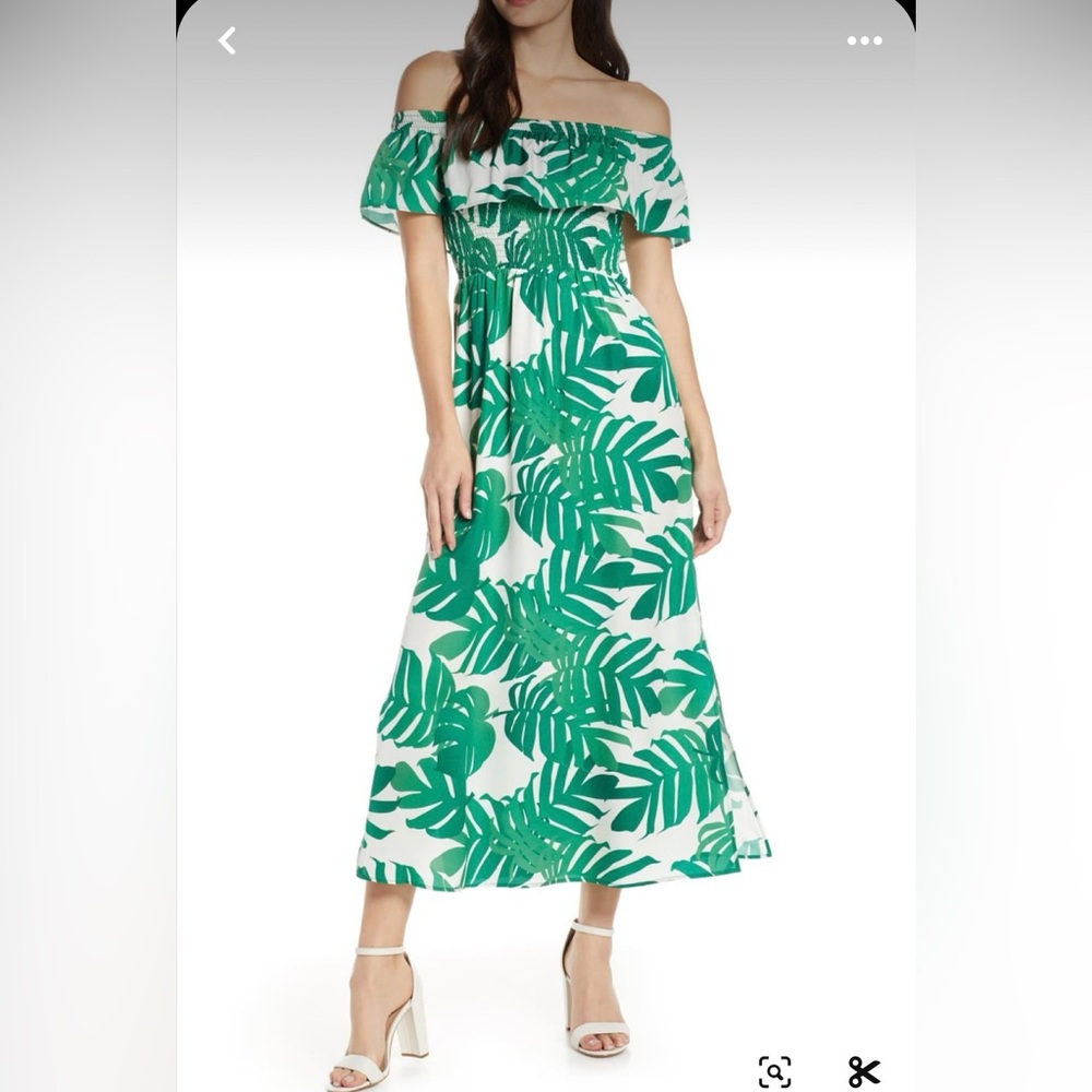Palm Leaf Print Off the Shoulder Maxi Dress XL